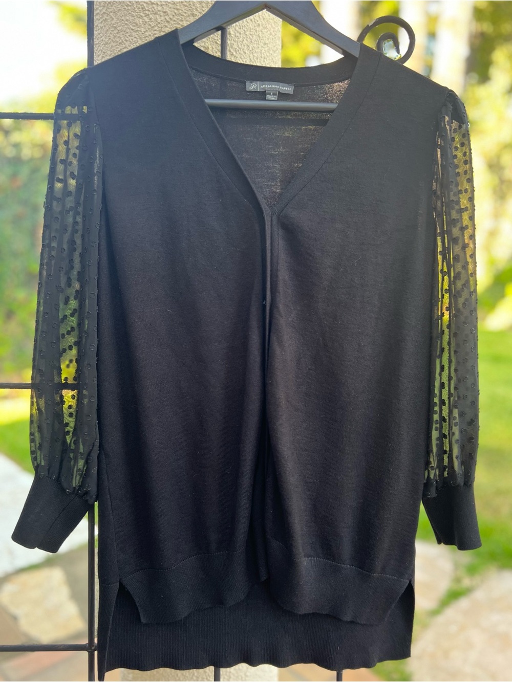 Black Women's V-Neck Sweater with Sheer Dot Sleeves - Size Small Adrianna Papell